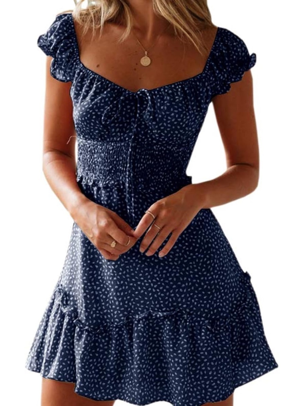Smocked Navy Mini Dress with Ruffle Hem - Size L - Like New